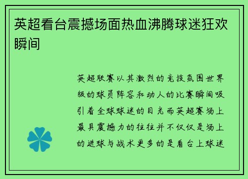 英超看台震撼场面热血沸腾球迷狂欢瞬间